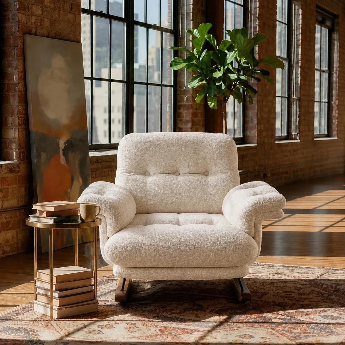 Oversized chenille reclining rocking chair – front view