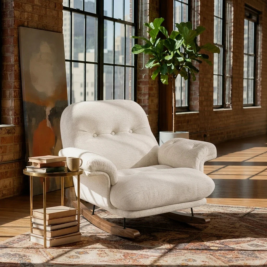 Oversized chenille reclining rocking chair – Ivory
