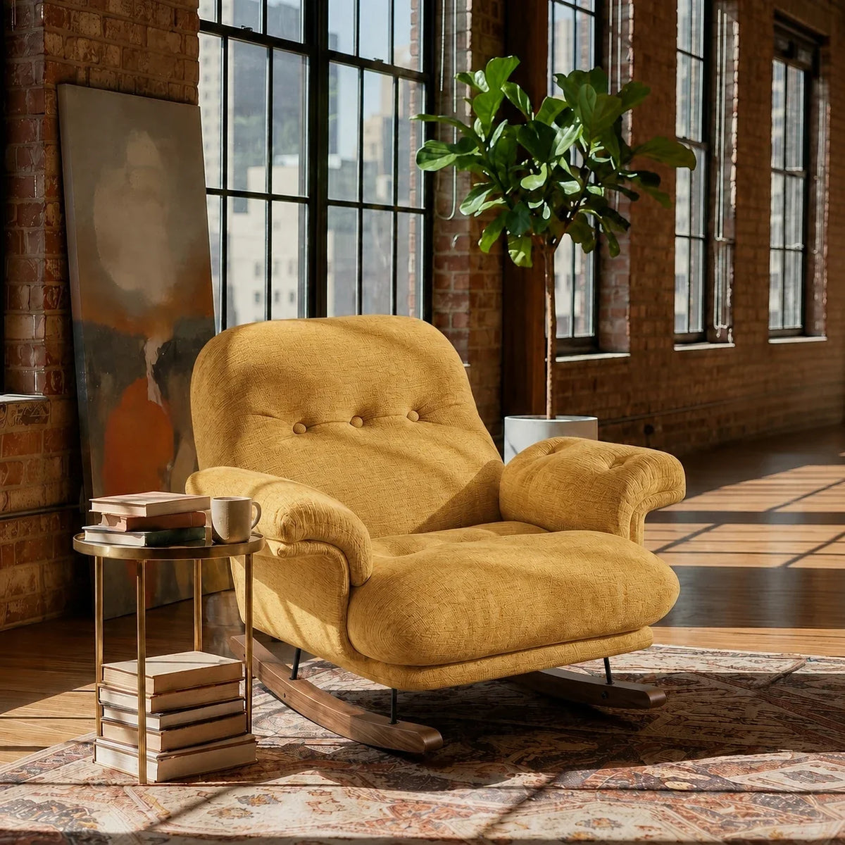 Oversized chenille reclining rocking chair – Mustard Yellow