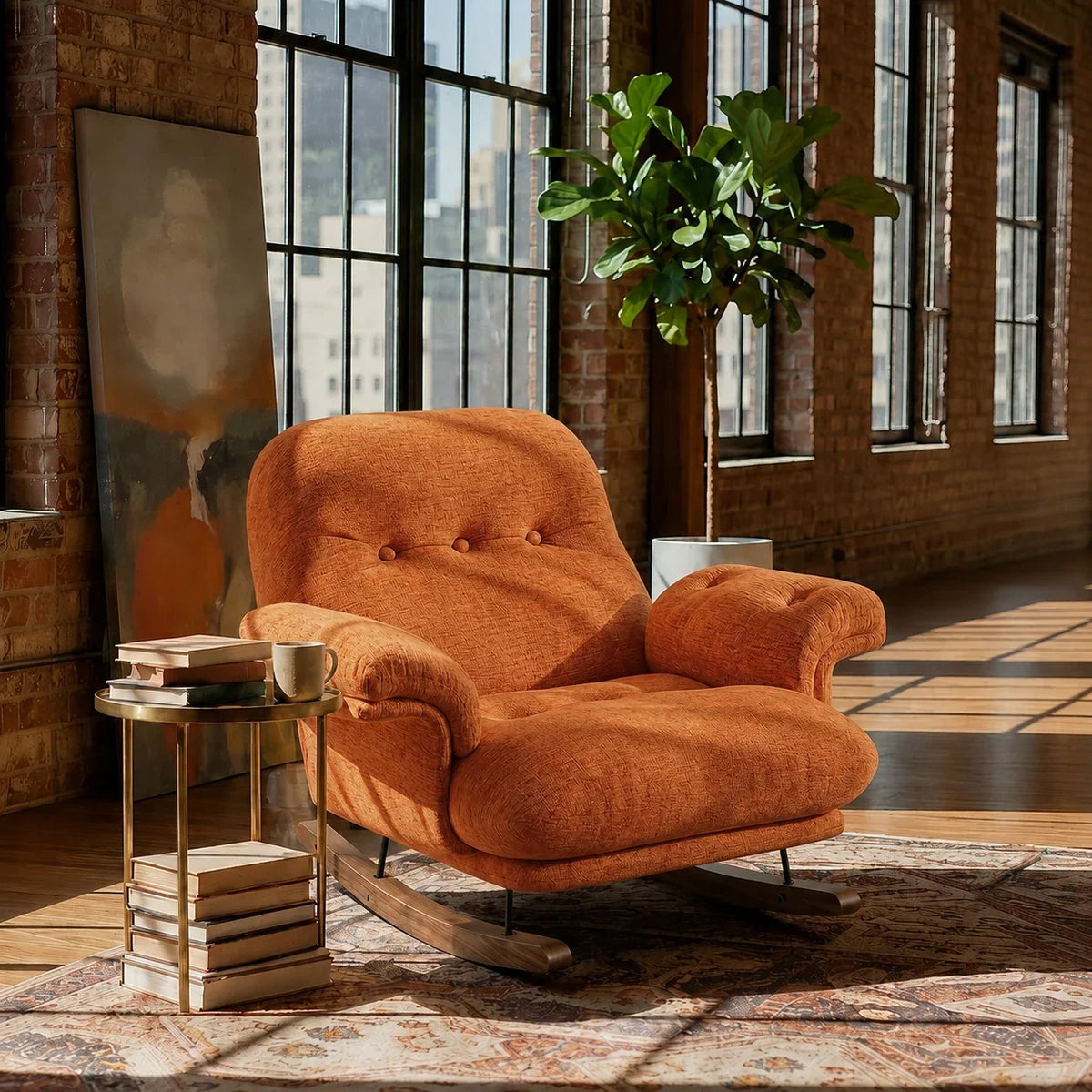 Oversized chenille reclining rocking chair – Orange