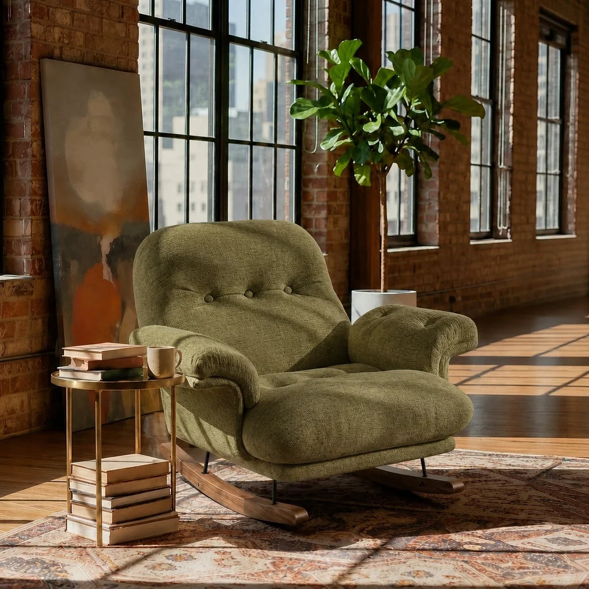Oversized chenille reclining rocking chair – Olive Green