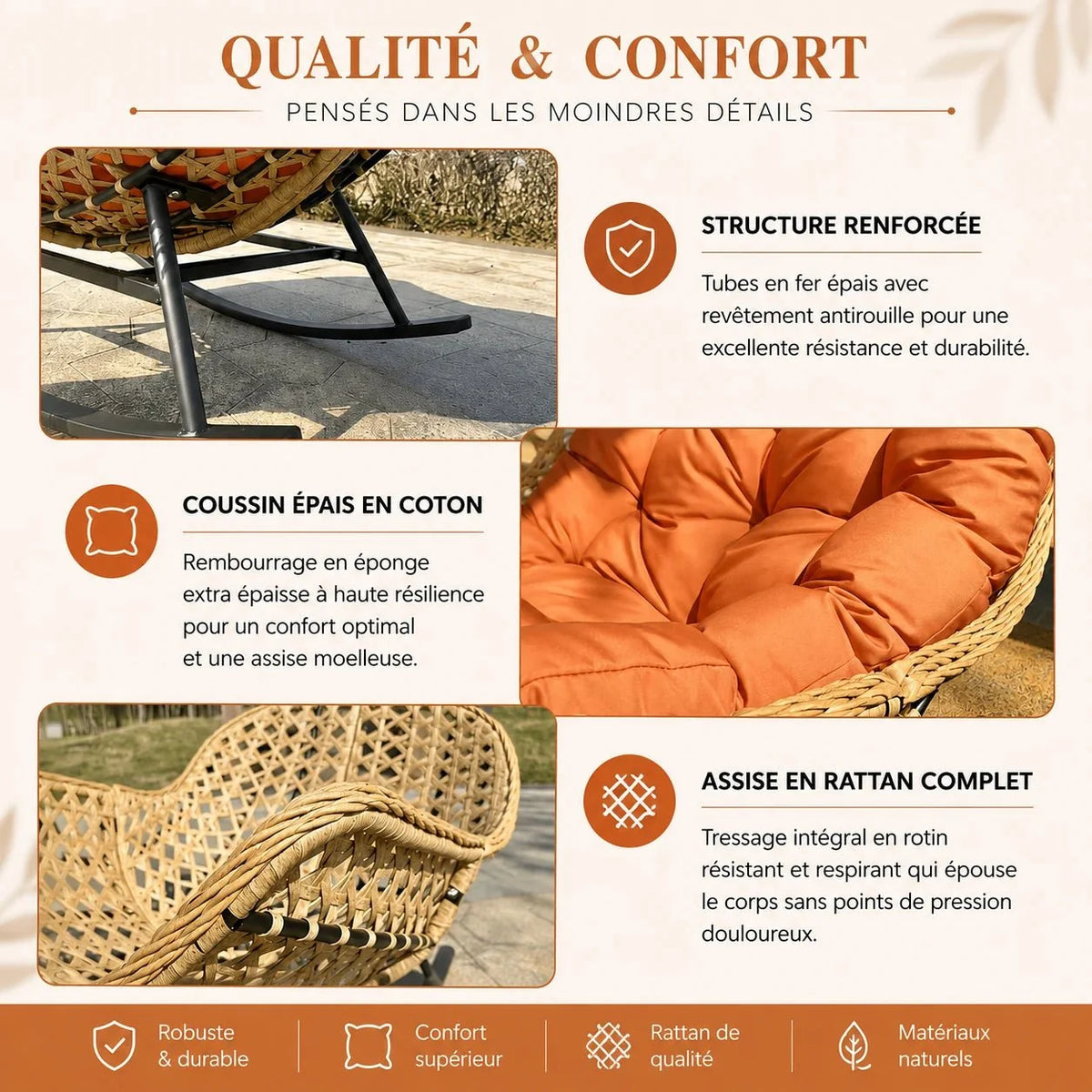 Papasan rattan rocking chair with thick cushion – product view 4