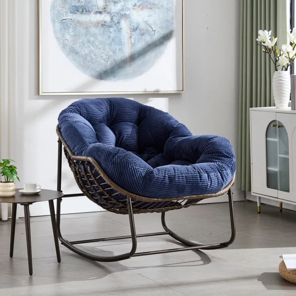 Papasan rattan rocking chair with corduroy cushion – Navy Blue
