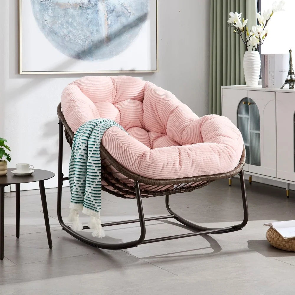 Papasan rattan rocking chair with corduroy cushion – Pink