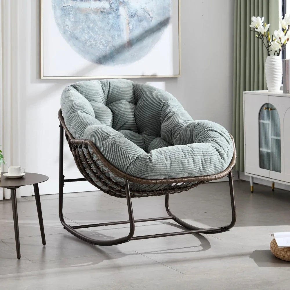 Papasan rattan rocking chair with corduroy cushion – Sage Green
