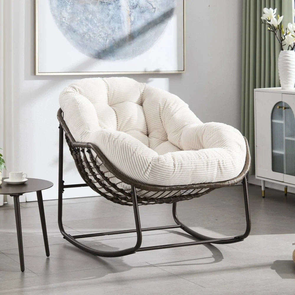 Papasan rattan rocking chair with corduroy cushion – Ivory