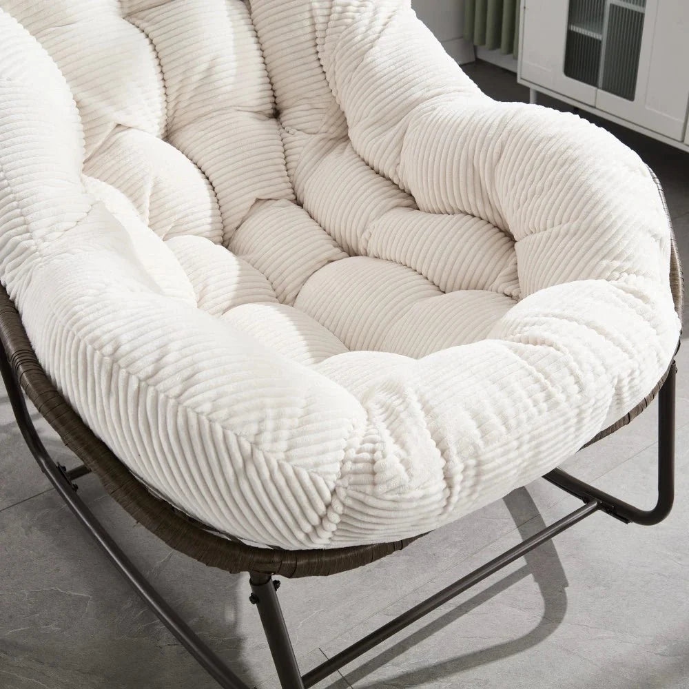 Papasan rattan rocking chair with corduroy cushion – close-up detail