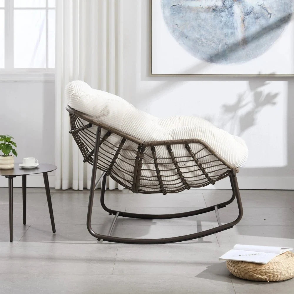 Papasan rattan rocking chair with corduroy cushion – side view