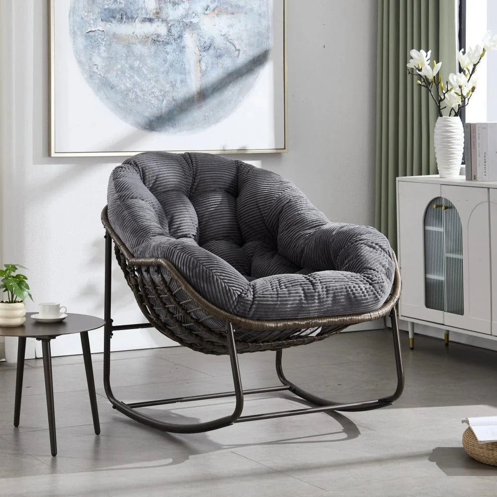 Papasan rattan rocking chair with corduroy cushion – Grey