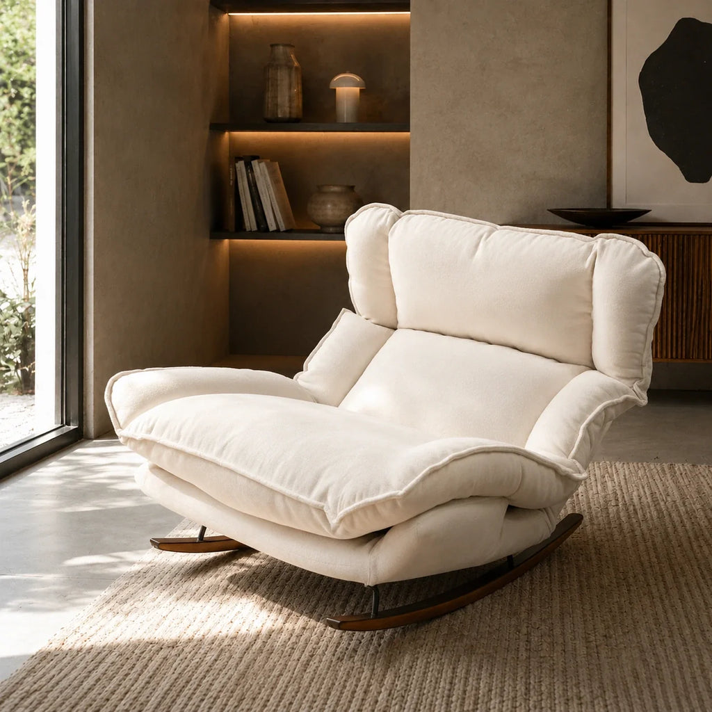Reclining chenille lazy rocking chair – Ivory