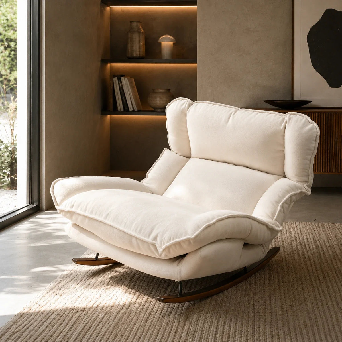 Reclining chenille lazy rocking chair – Ivory