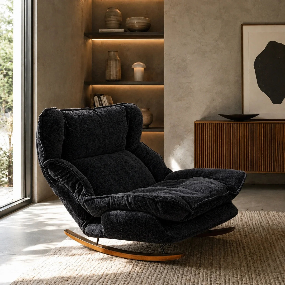 Reclining chenille lazy rocking chair – Black