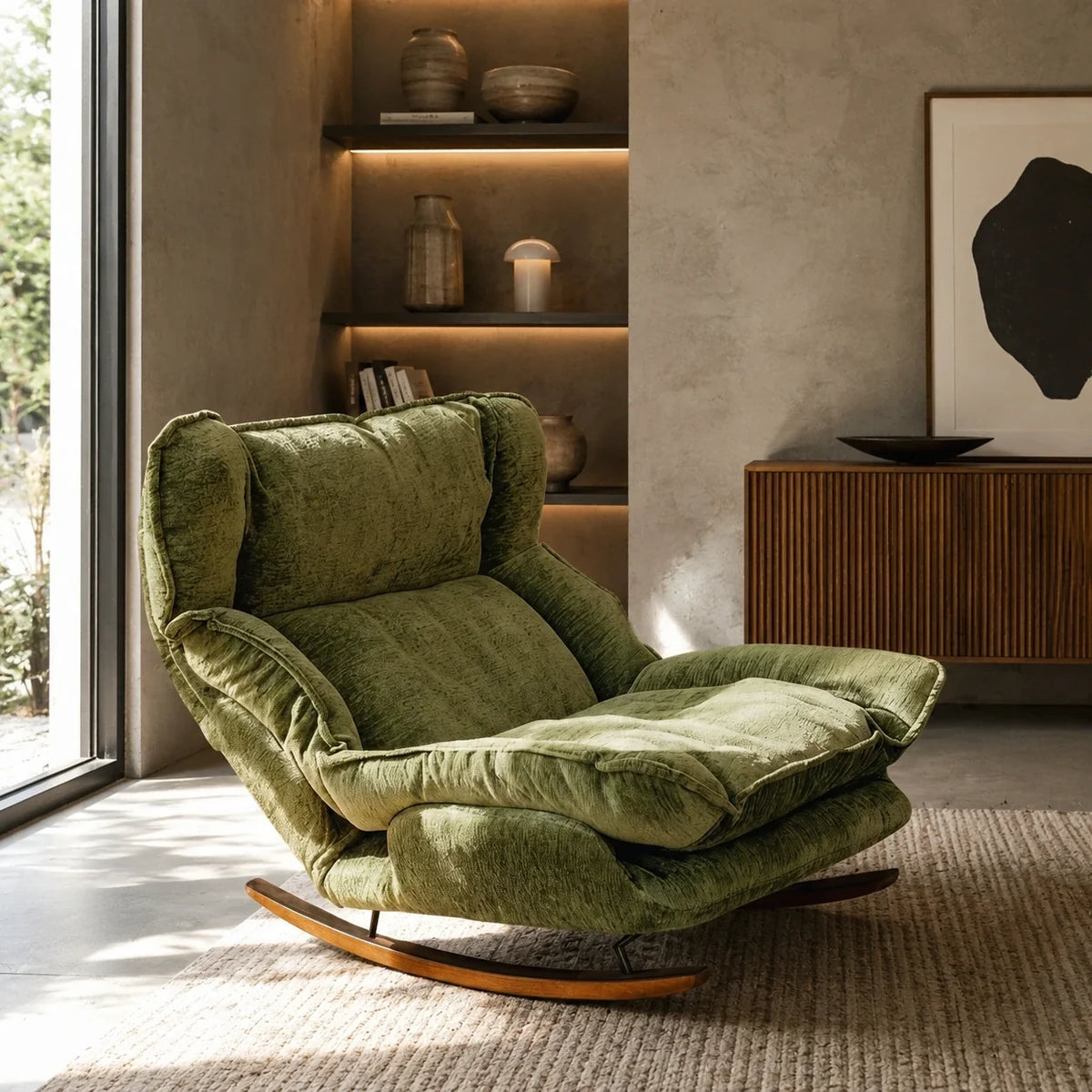 Reclining chenille lazy rocking chair – Khaki