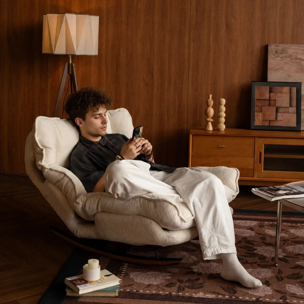 Reclining chenille lazy rocking chair – lifestyle setting