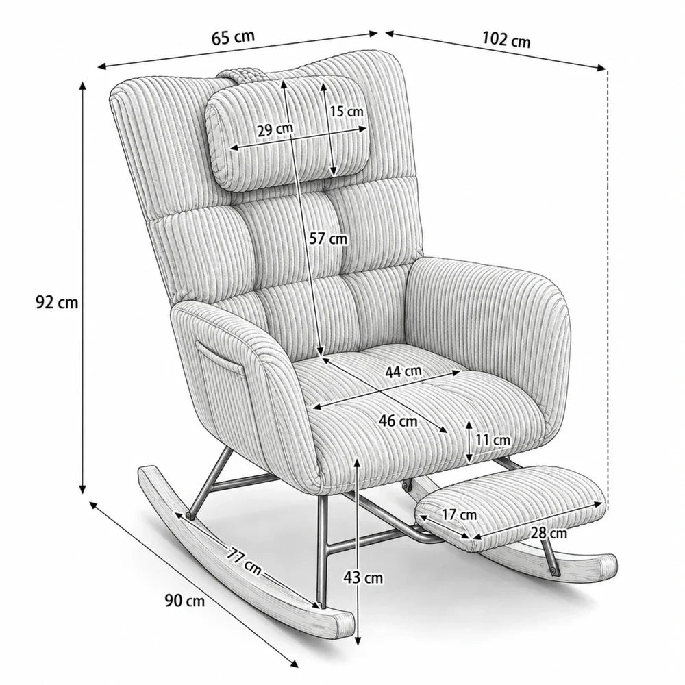 Corduroy nursing rocking chair with footrest – product view 4