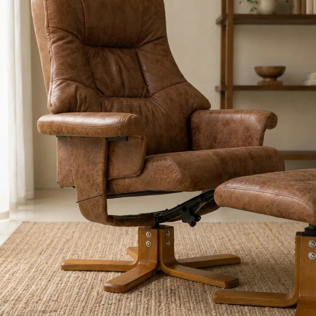 Brown microfibre swivel recliner armchair with footstool – close-up detail 2