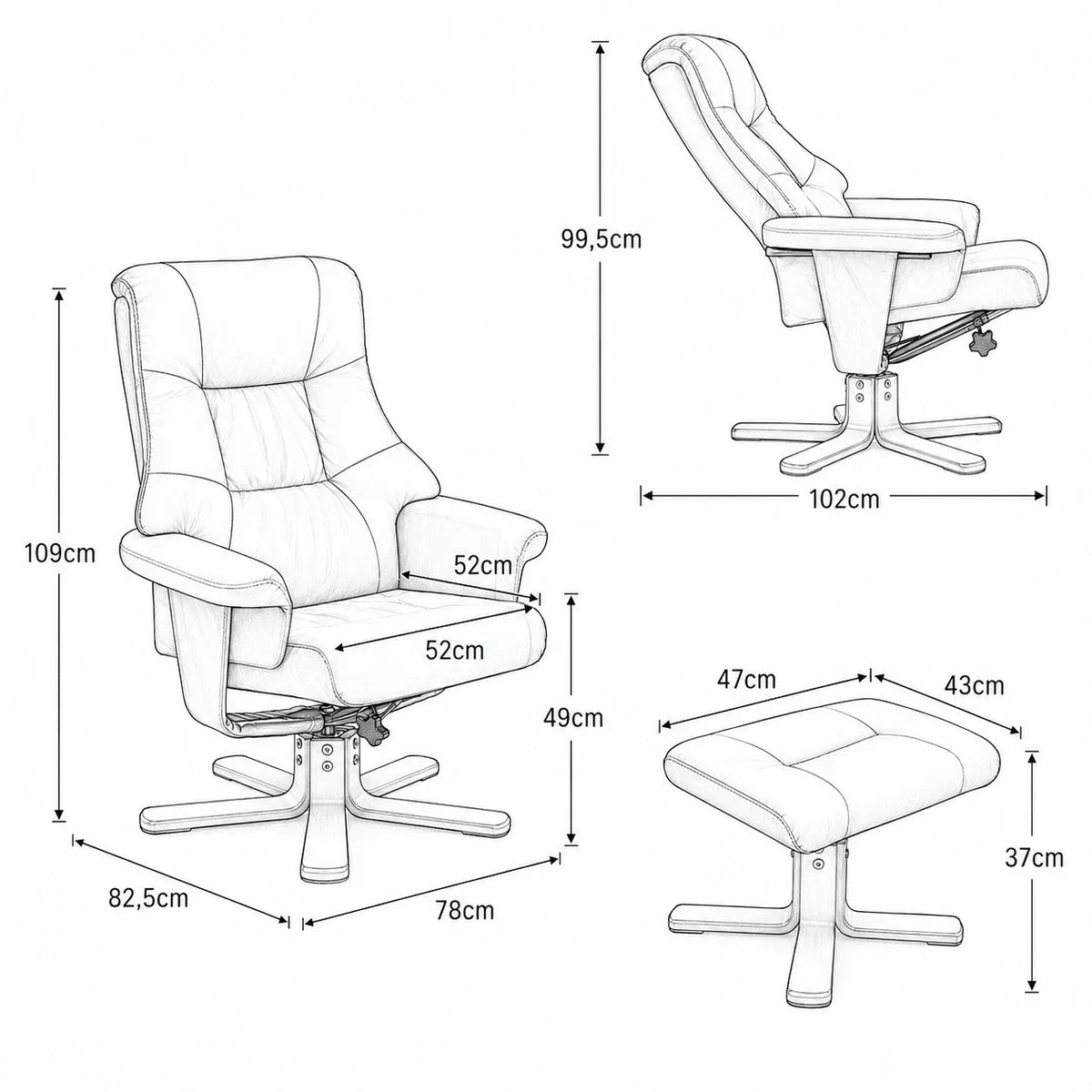 Brown microfibre swivel recliner armchair with footstool – product view 4