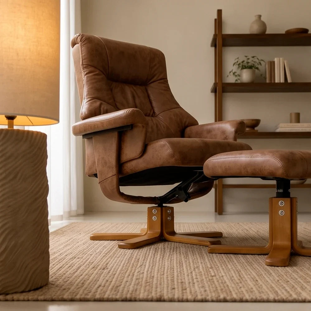 Brown microfibre swivel recliner armchair with footstool – product view 2