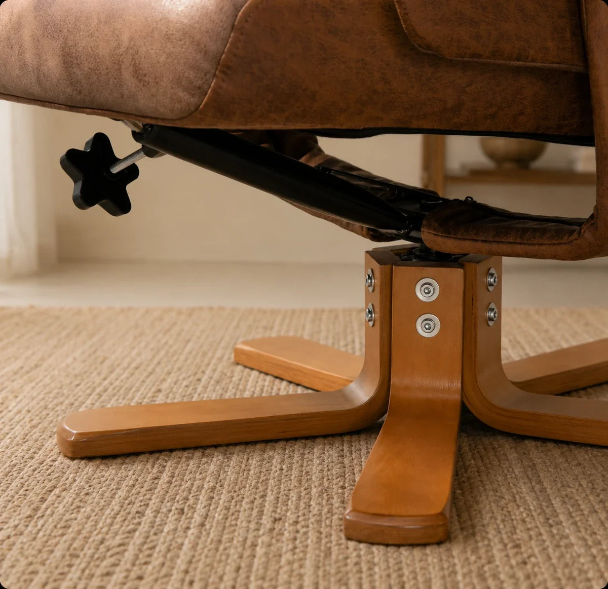 Brown microfibre swivel recliner armchair with footstool – close-up detail 3