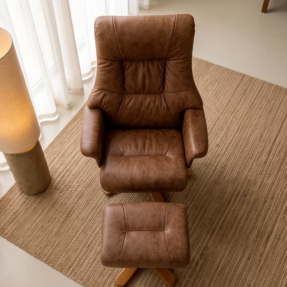 Brown microfibre swivel recliner armchair with footstool – product view 3