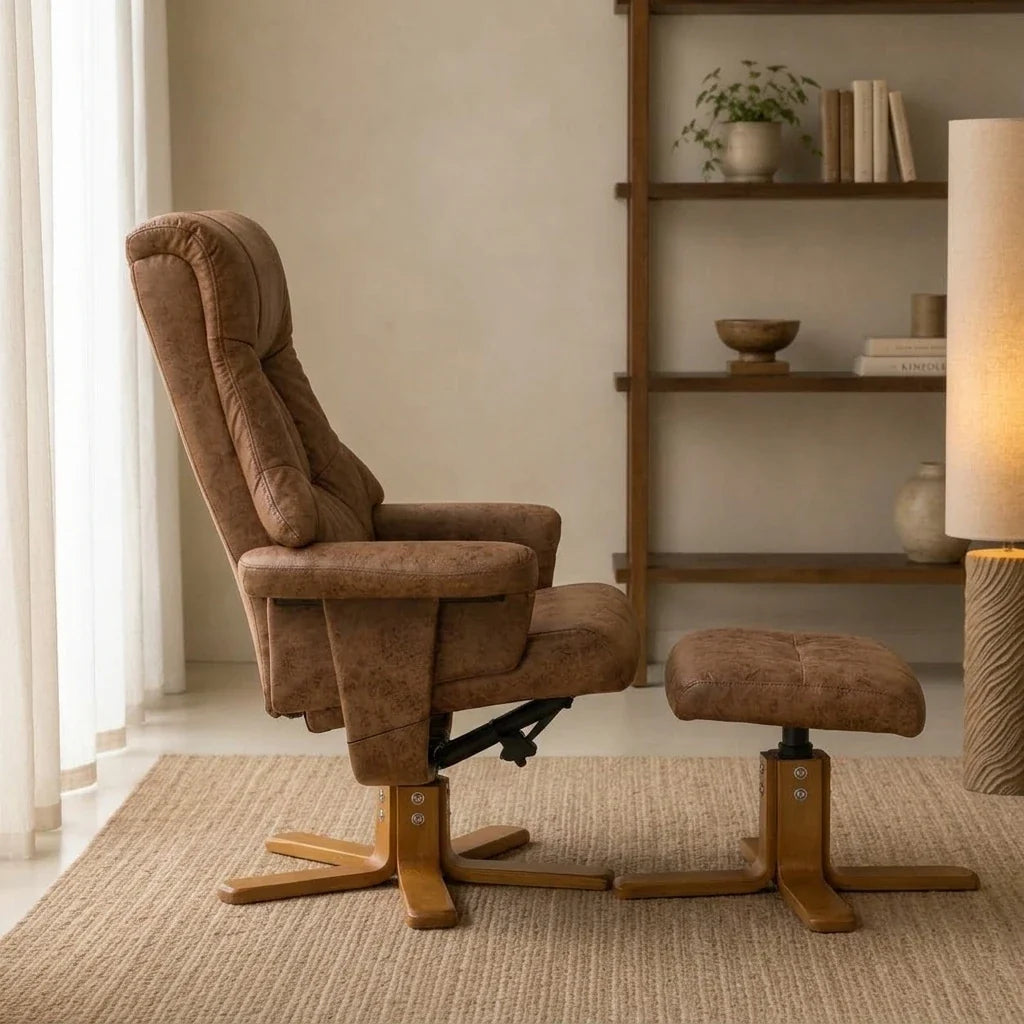 Brown microfibre swivel recliner armchair with footstool – side view